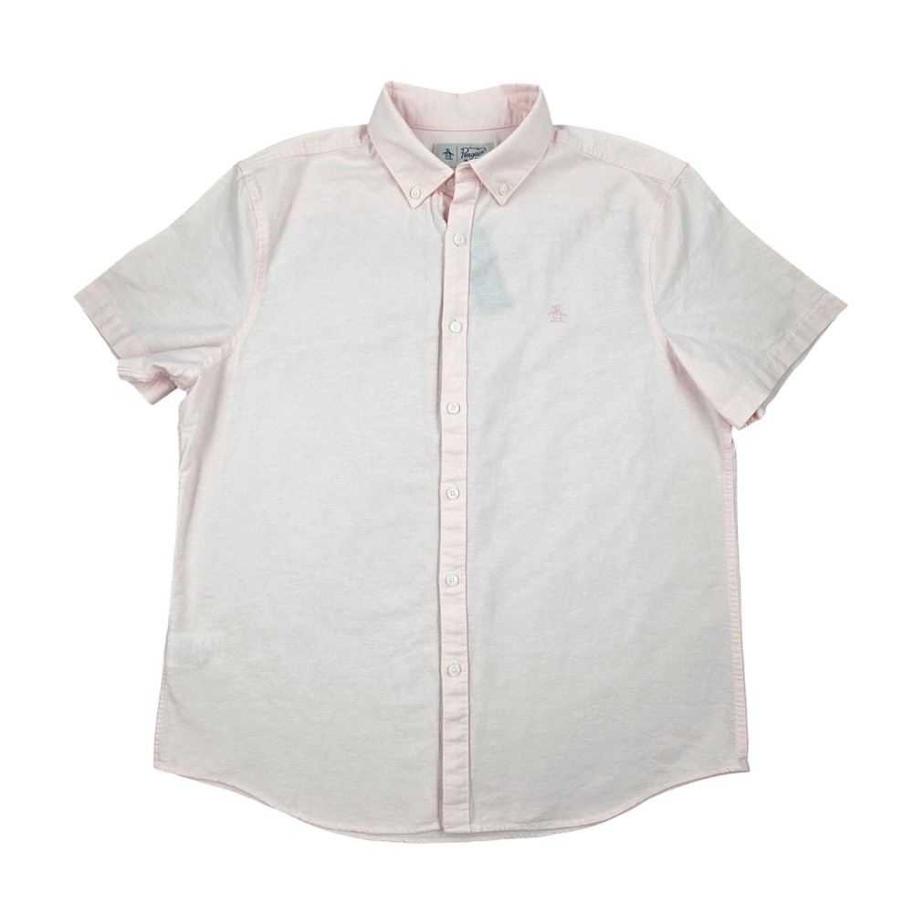 Original Penguin Mens Short Sleeve Button Down Shirt Pink Stretch Cotton L NEW